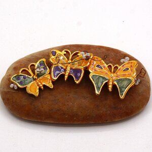 Vintage Trio of Butterflies Brooch Swarovski Crystal Beads Green Yellow Purple